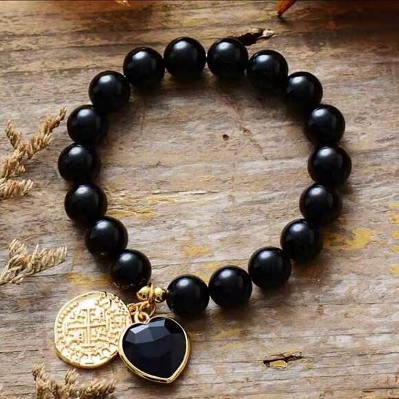 New Natural Black Onyx Beaded Stretch Bracelet Heart Coin Charm 18K Gold Plated - Picture 7 of 7